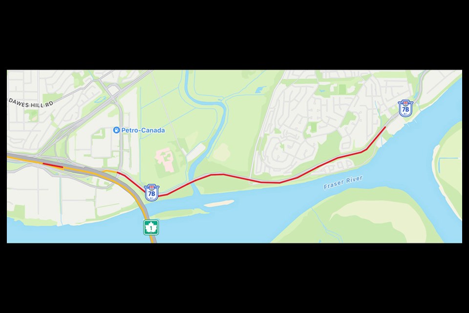 The Mary Hill Bypass (Highway 7B) is backed up beyond the Highway 1 cape horn due to a motor vehicle incident in Port Coquitlam on Dec. 14, 2021.