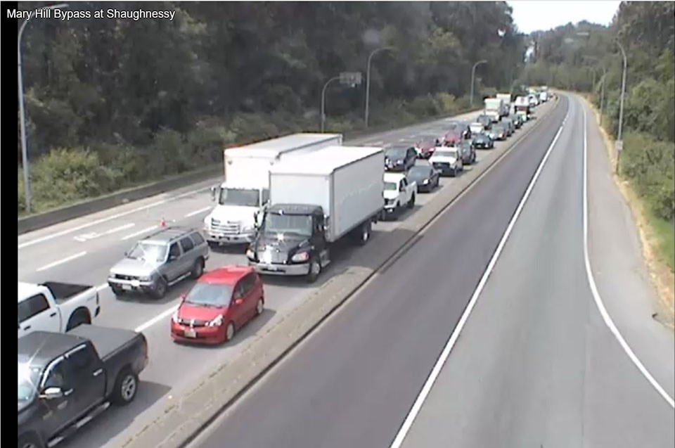 Traffic is back up along the Mary Hill Bypass (Highway 7B) in Port Coquitlam at Shaughnessy Street due to a vehicle fire on July 7, 2021.