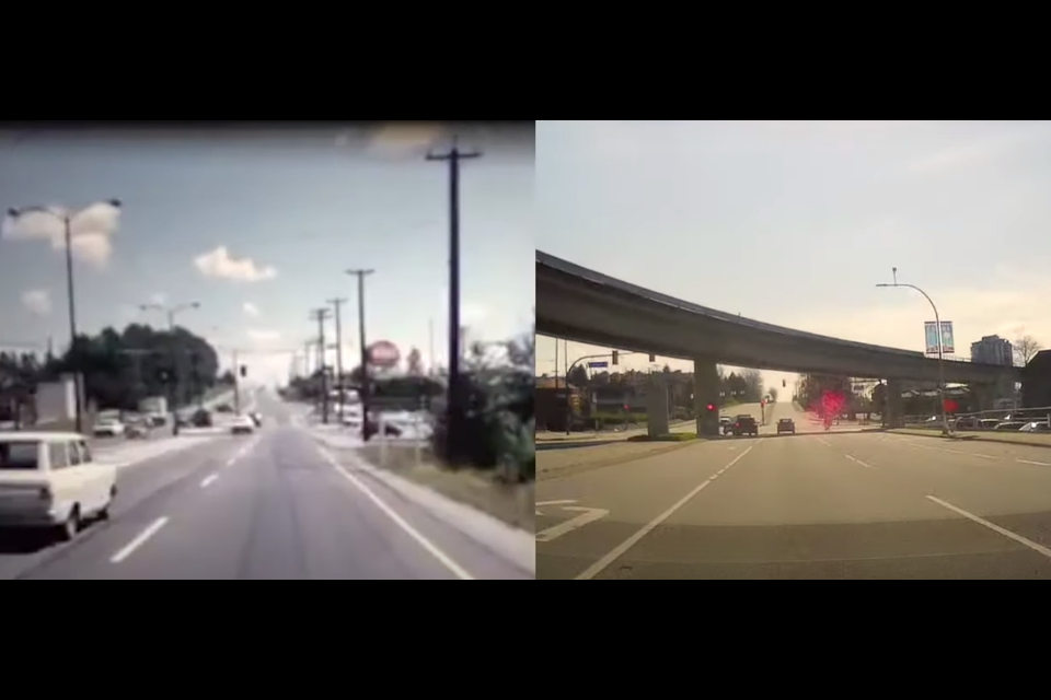 A side-by-side image of the intersection of North Road and Lougheed Highway in 1966 and 2020 (Coquitlam).