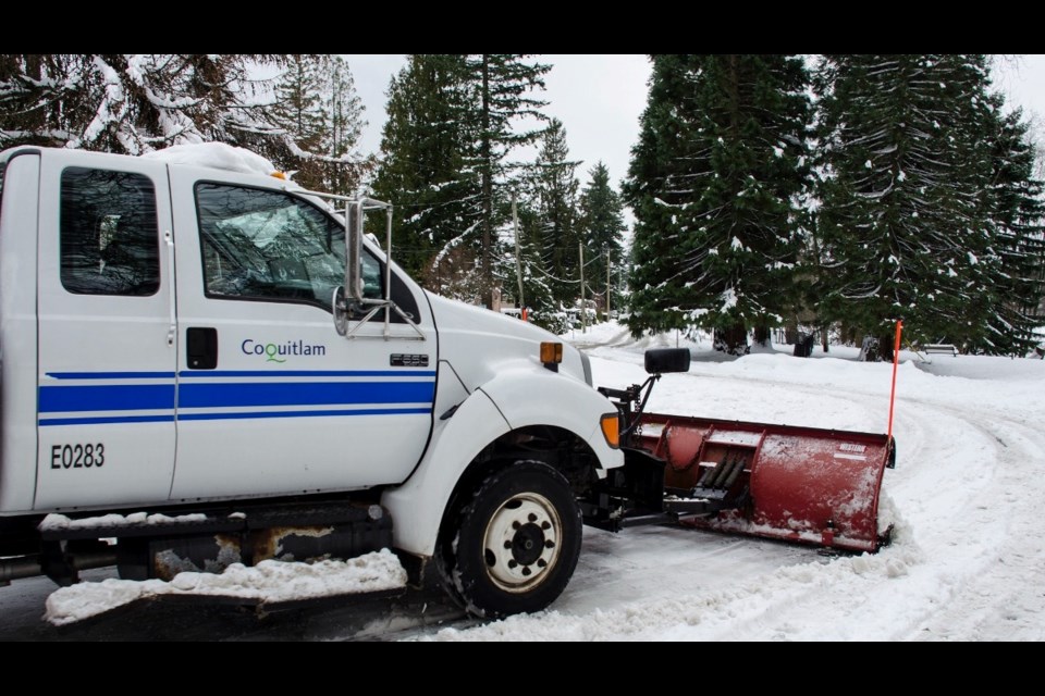 Coquitlam public works crews have a big job on their hands to plow streets after Sunday's snow storm.