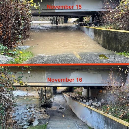 Before and after photo of the path under the Kingsway Avenue bridge in Port Coquitlam.