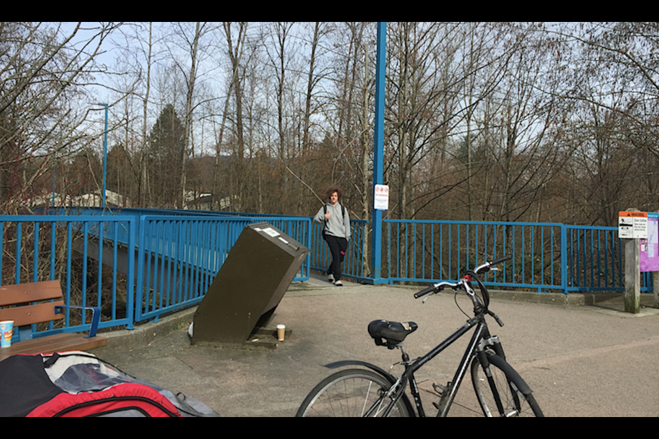 Unsuspecting tubers could get trapped against this tree in the Coquitlam River near the McAllister footbridge. | Diane Strandberg, Tri-City News