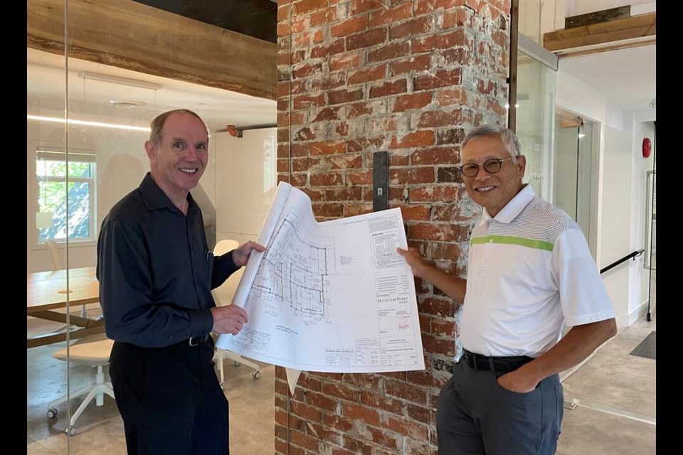 Gaetan Royer and John Cheung, of Massive Canada, are looking forward to the start-up of a prefab housing plant in Williams Lake, which will use mass timber to build thousands of homes. | Diane Strandberg, Tri-City News 