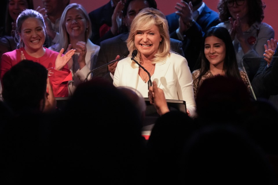 Mississauga Mayor Bonnie Crombie stands on stage with supporters at a rally in Mississauga, Ont. on Wednesday, June 14, 2023, in which she announced her Ontario Liberal Leadership candidacy. 