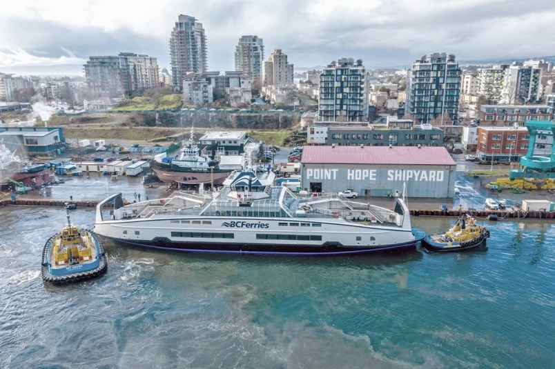 The BC Ferries hybrid electric Island Class ferry arriving at Point Hope Shipyard. Photo courtesy BC Ferries