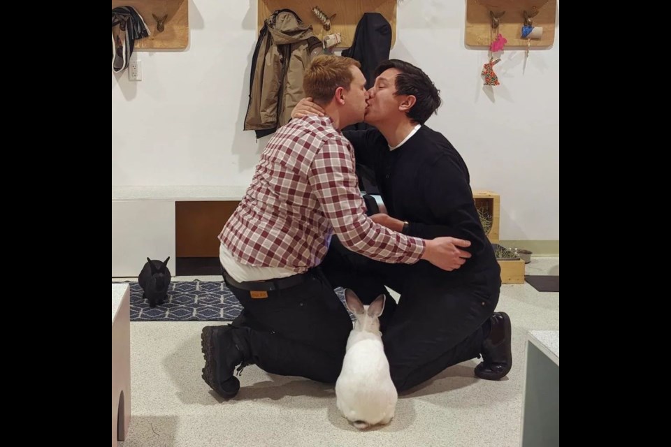 Now playfully known by their friends as the "hus-buns," Derek A. Jang and fiancé Rob Loxterkamp got engaged at The Bunny Cafe on Commercial Drive a week before Christmas. 