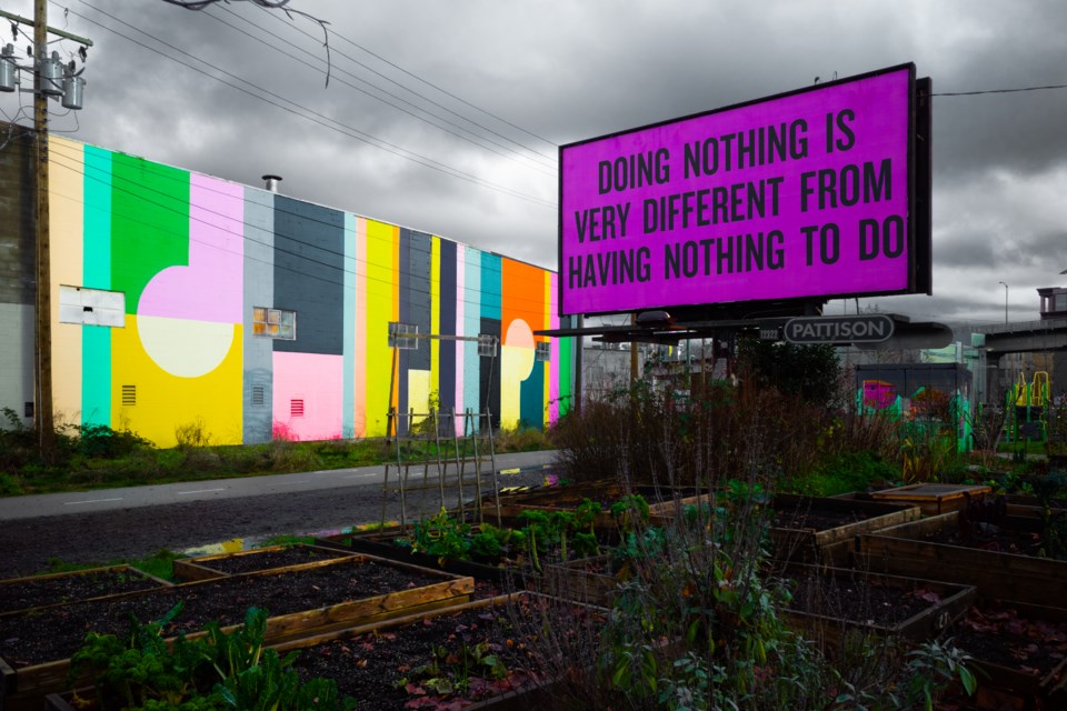 Douglas Coupland's "Slogans for the 21st Century" appear on a series of five billboards along the Arbutus Greenway in Vancouver's Kitsilano neighbourhood. 