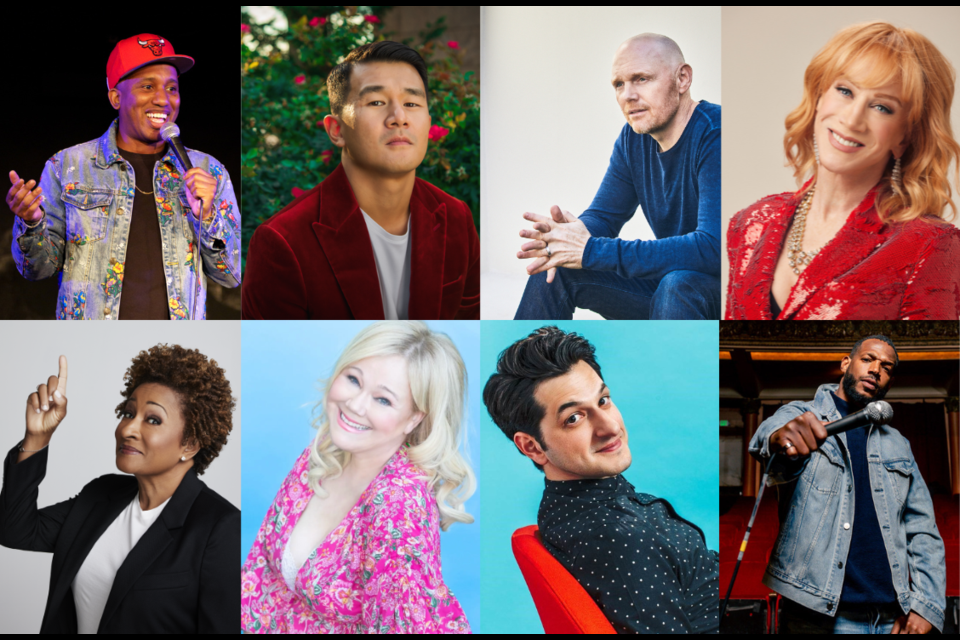 Bill Burr headlines Just for Laughs 2024 in Vancouver (and doesn't want to look at the camera). Clockwise from top left: Chris Redd, Ronny Chieng, Bill Burr, Kathy Griffin, Marlon Wayans, Ben Schwartz (without friends), Caroline Rhea, Wanda Sykes.