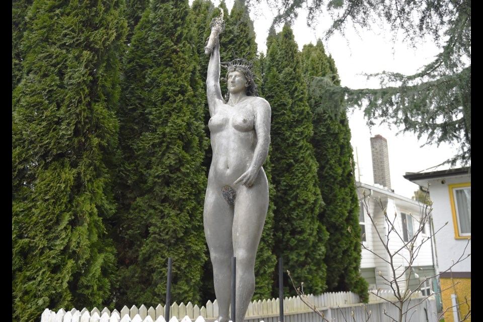 Paul Chevreau's sculpture Liberty's Opinion has found a new home on Vancouver's Main Street.