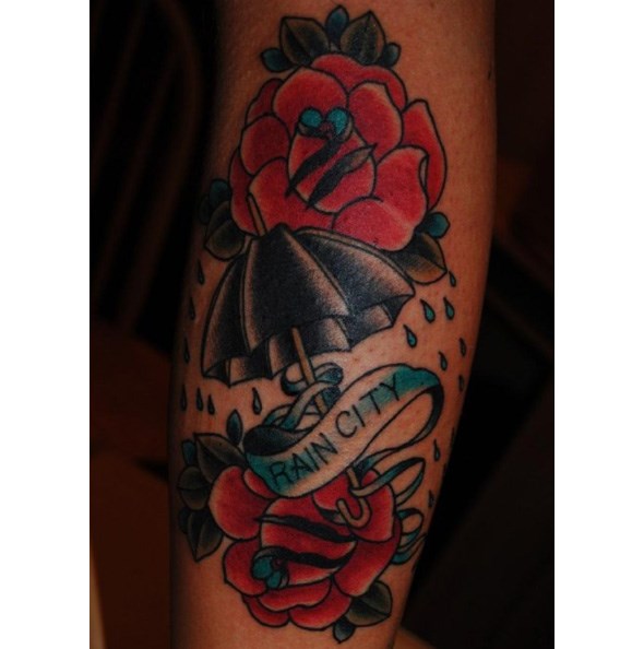 This ode to Vancouver's rain was done by Vancouver tattooist Dan Thompson to commemorate photographer Daniel Bray's time studying at Emily Carr and living in the city.