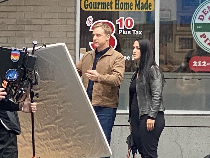 Alan Tudyk and Sara Tomko filming Resident Alien in Downtown Vancouver.