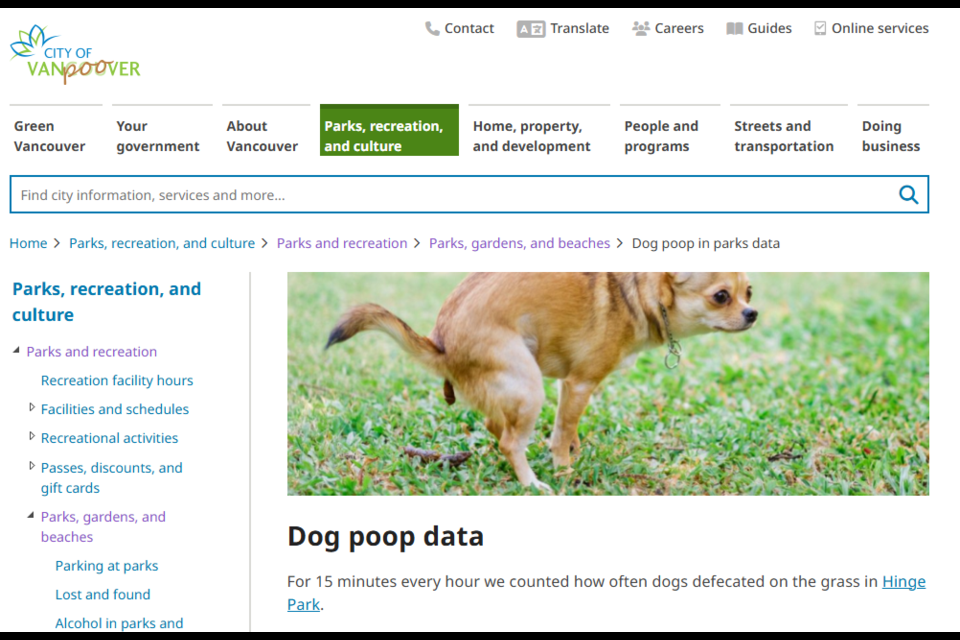 A spoof website has been made taking aim at the City of Vancouver and dog poop at Hinge Park.