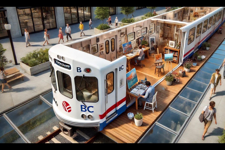 An AI-generated rendering of a cutaway of a SkyTrain studio.