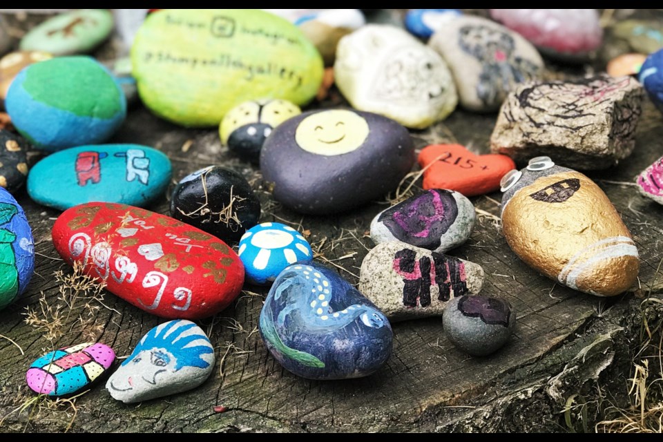These painted rocks are part of the Stump on 11th Gallery in Vancouver's Mt. Pleasant neighbourhood.