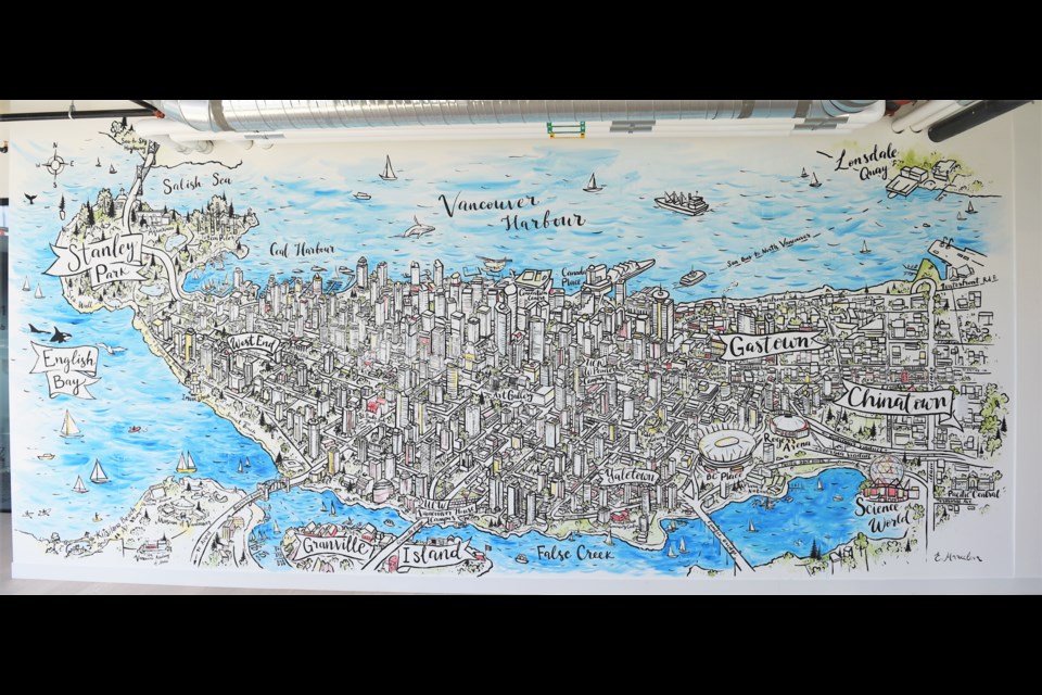 The new mural at University Canada West's campus near 鶹ýӳHouse and the Granville Street Bridge captures much of the city's downtown.