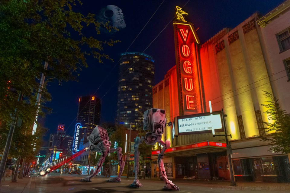 'Be Kind, Be Safe' shows a couple of AT-STs in front of Vancouver's Vogue Theatre.