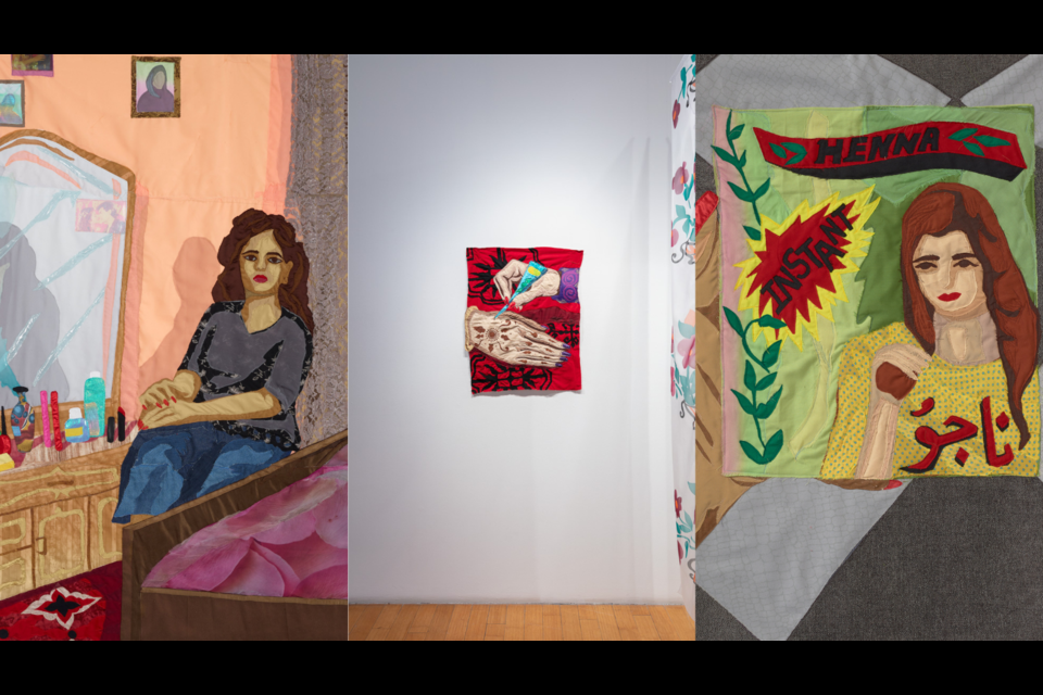 Afghan-Canadian artist Hangama Amiri will be the first person to have an exhibition at the new Media Res Gallery from Vancouver's Iranian Visual Arts Alliance (VIVA). Pieces by Amiri pictured are (from left to right): 'Her Dressing Table,' 'Henna Night/Shabe Kheena,' and 'Instant Henna.'