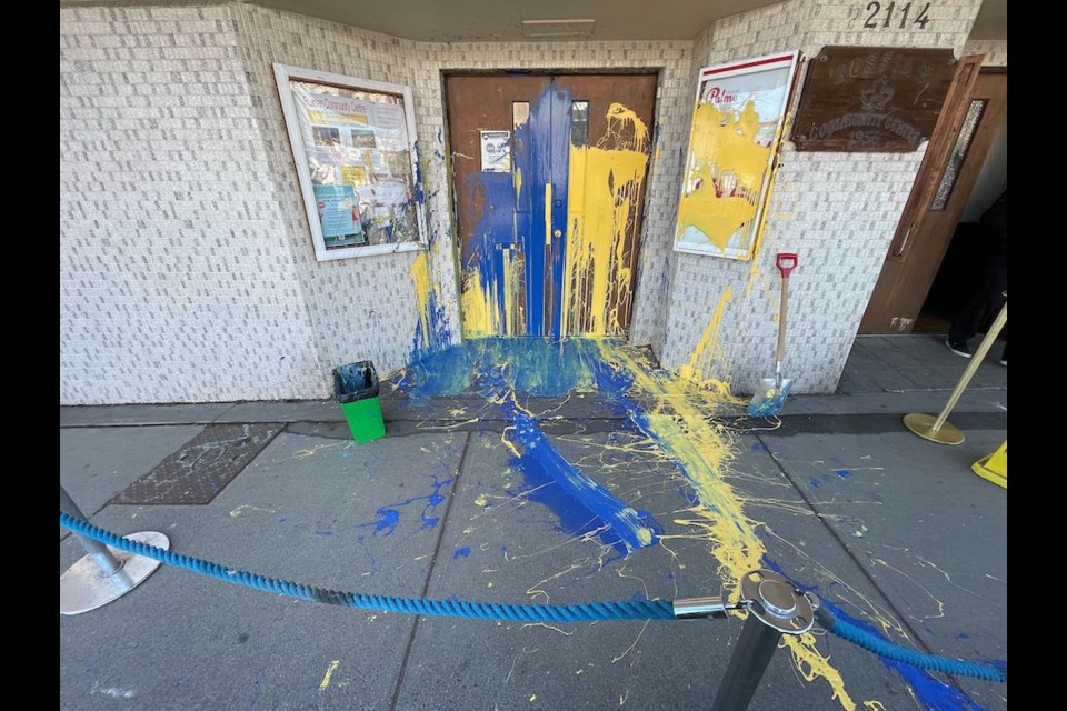 Vancouver's Russian Community Centre was the target of vandals sometime in the night before Sat. March 5, 2022. The building was splashed with yellow and blue paint to symbolize support for Ukraine. 