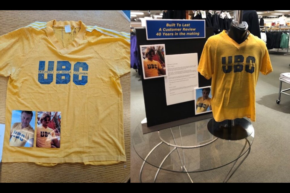 Welsh rugby player Mark Gibbs decided to return his 42-year-old Thunderbirds T-shirt to the UBC Bookstore. The shirt is now on display.