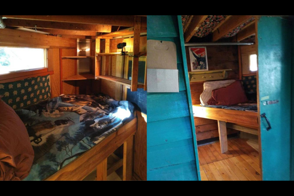 The room is shown in two photos, which show a space dominated by a wooden bed built into the structure.