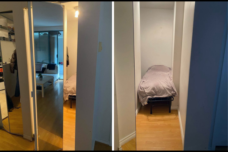 The tiny room has a sliding mirror as a door.