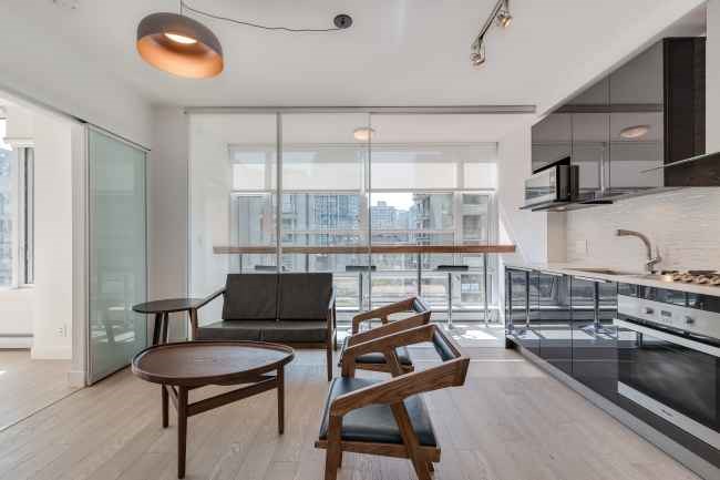 The apartment is on the 21st floor and has a dishwasher and in-suite laundry.