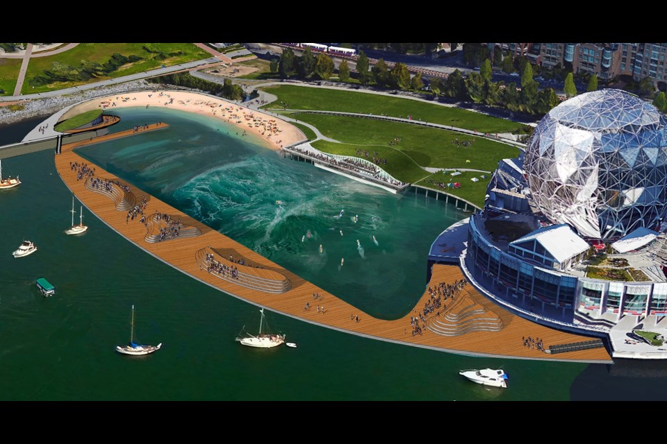 Vancouver-based company Reviver Sport+Entertainment proposed a massive surf park and giant floating pool for False Creek in 2017 and 2019. 