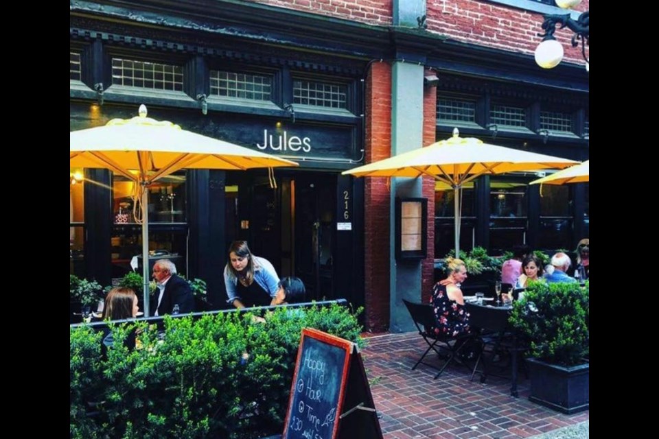 The patio at Jules Bistro. The French restaurant is located at 216 Abbott Street in Gastown, across from where the Winters Hotel stood since 1907.