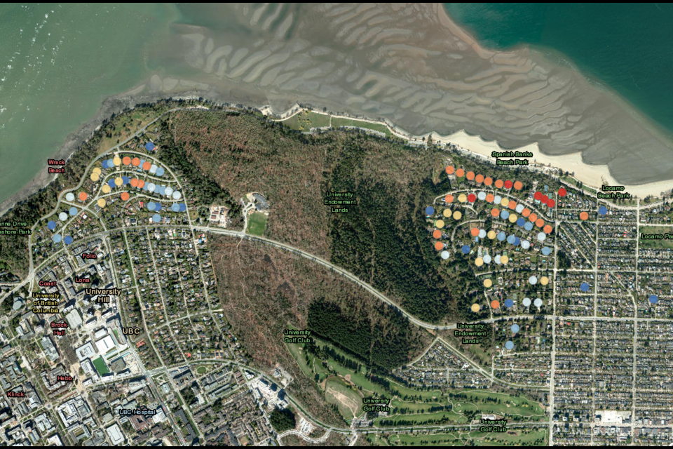 This section of map from BC Assessment shows the concentration of high value properties in Point Grey and Kitsilano. Each dot marks a property on the top 500 valued properties in B.C. list.