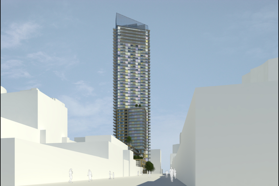 The huge tower would be built in downtown 鶹ýӳat the intersection of Burrard and Davie; this is what it would look like from the bottom of Davie.