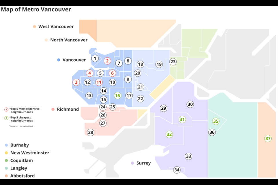 A map showing the cheapest and most expensive places to rent in Metro Vancouver.