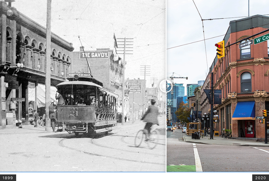 A street scene from Cambie and Cordova over 100 years apart. Vancouver Archives Item #StrP209