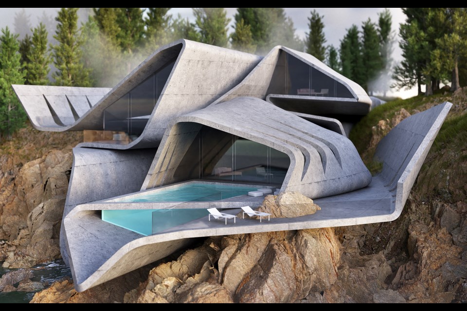 Amey Kandalgaonkar's 3D rendering of the stingray house features exposed concrete and a glass swimming pool. Photo courtesy of Amey Kandalgaonkar