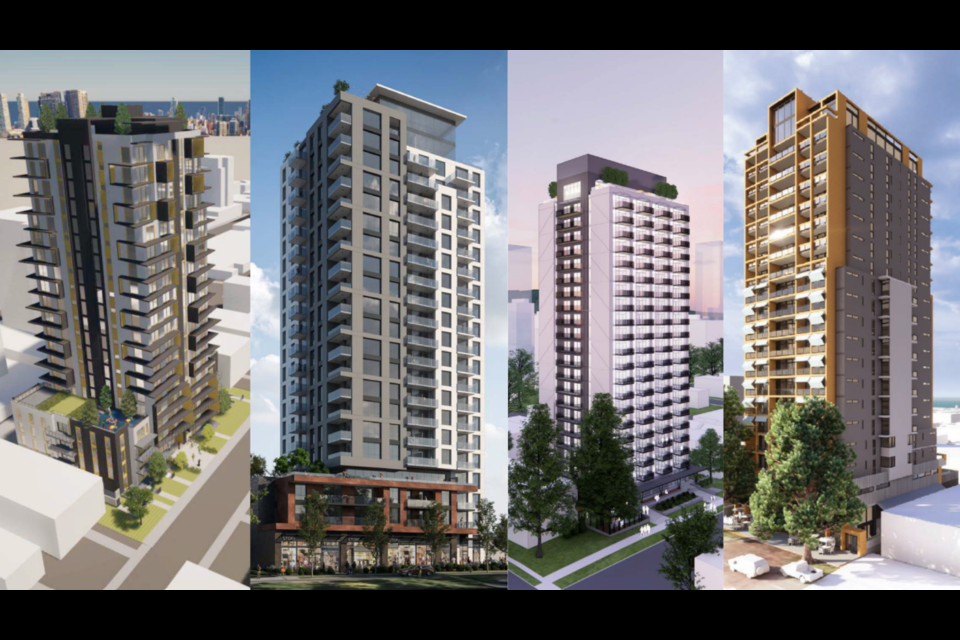 From left to right: 1245 W 10th, 1190 W 10th Ave, 1665 W 11th Ave, 1365 W 12th Ave are among the proposed high-rises that could soon join the Fairview skyline in Vancouver.