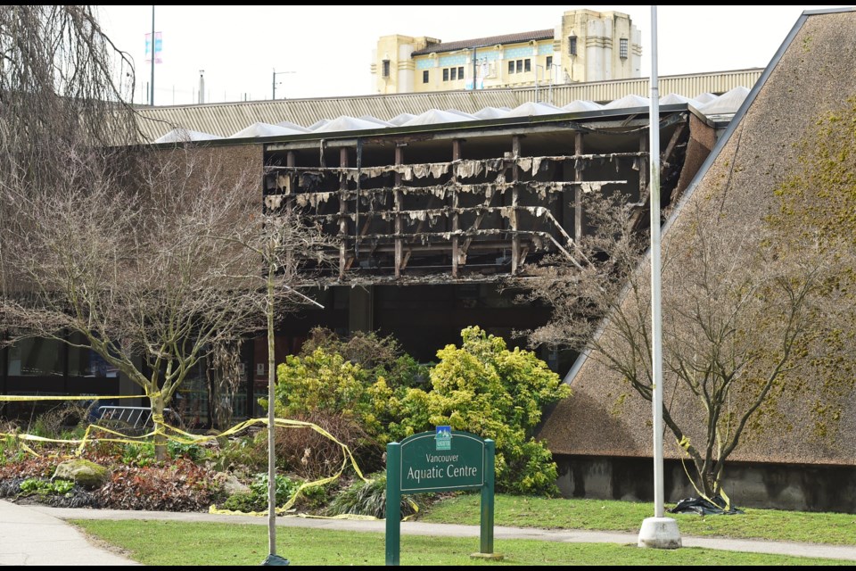 A large piece of the front of the aging Vancouver Aquatic Centre fell off.