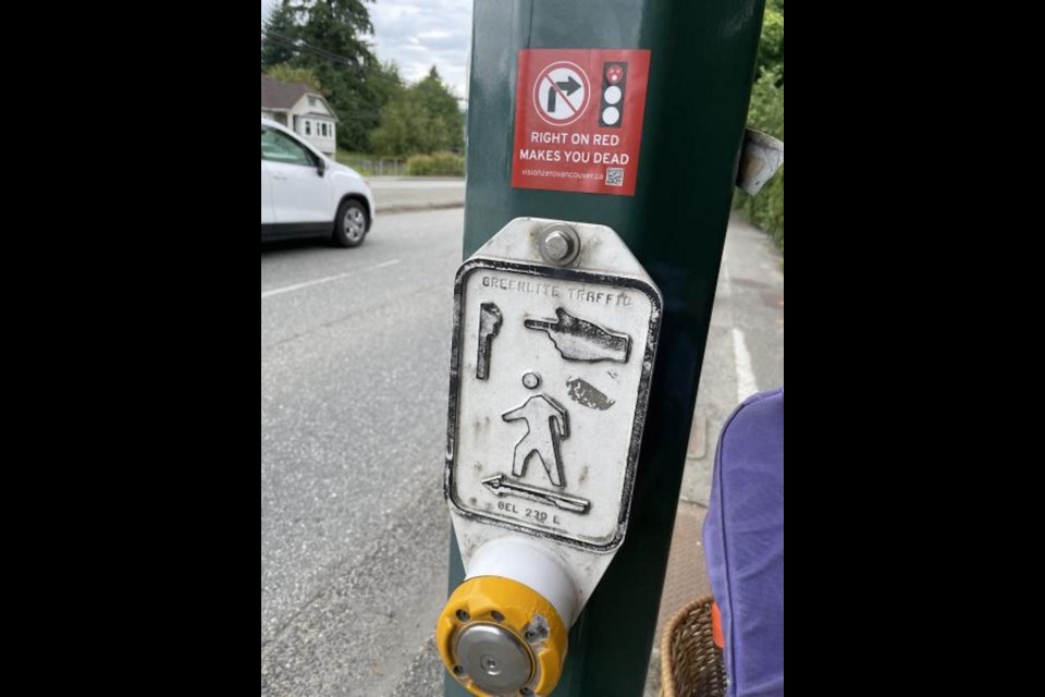 One of the stickers has a "no right on red" slogan which isn't tied to a petition or movement but is raising public awareness on a law that would supposedly prevent a lot of car crashes.