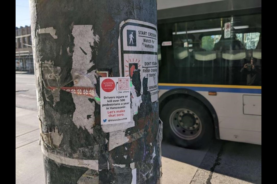 Another sticker shows a QR code leading to a screenshot of an ICBC map showing the amount of car crashes that happened in Vancouver between 2016 and 2020.