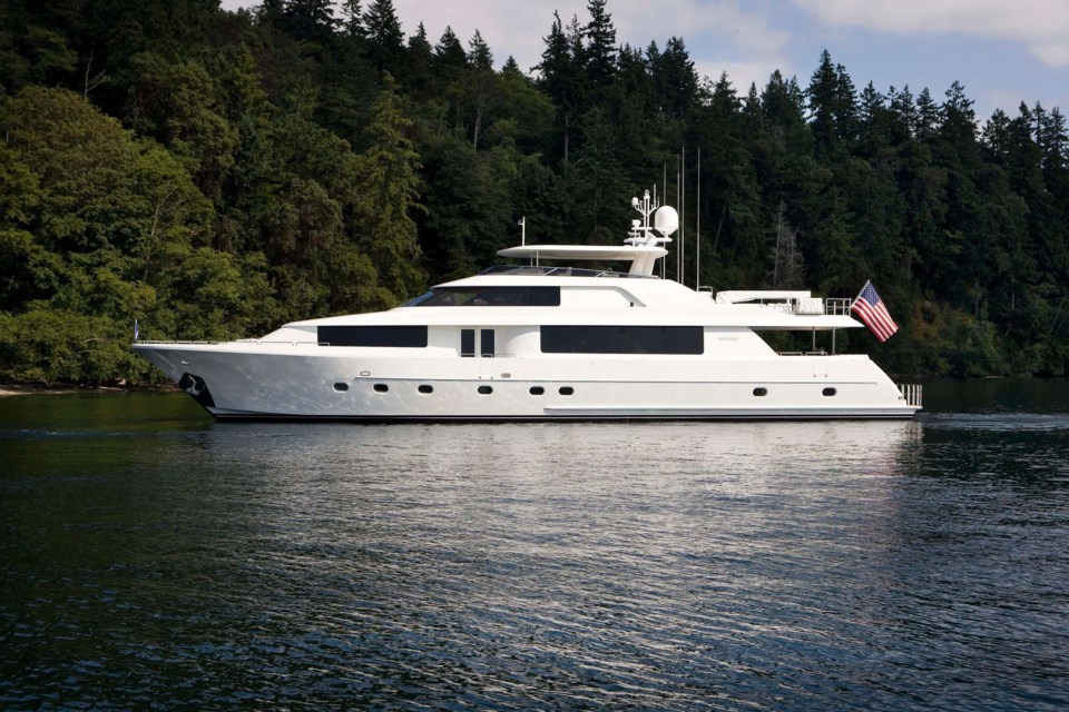 The Snowbored motor yacht was spotted passing through Vancouver's False Creek on July 11, 2023. 