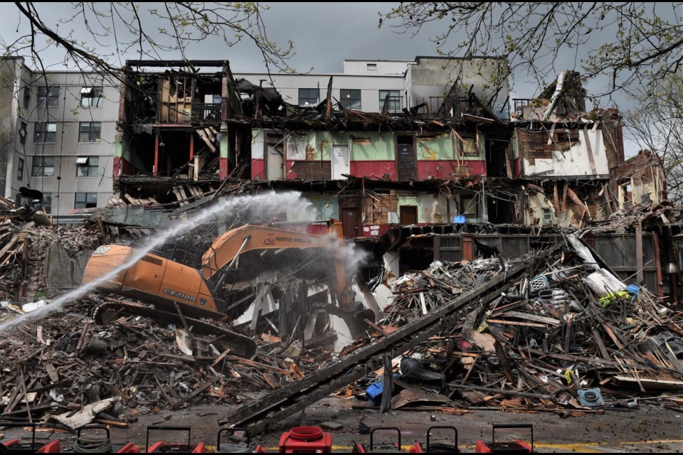 Crews continue with the demolition of the Winters Hotel on April 26.