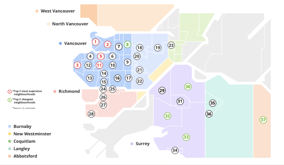Metro 鶹ýӳrent prices dropped in July 2024. The cheapest rents in the Lower Mainland can currently be found in Surrey, White Rock, Abbotsford, and Langley.