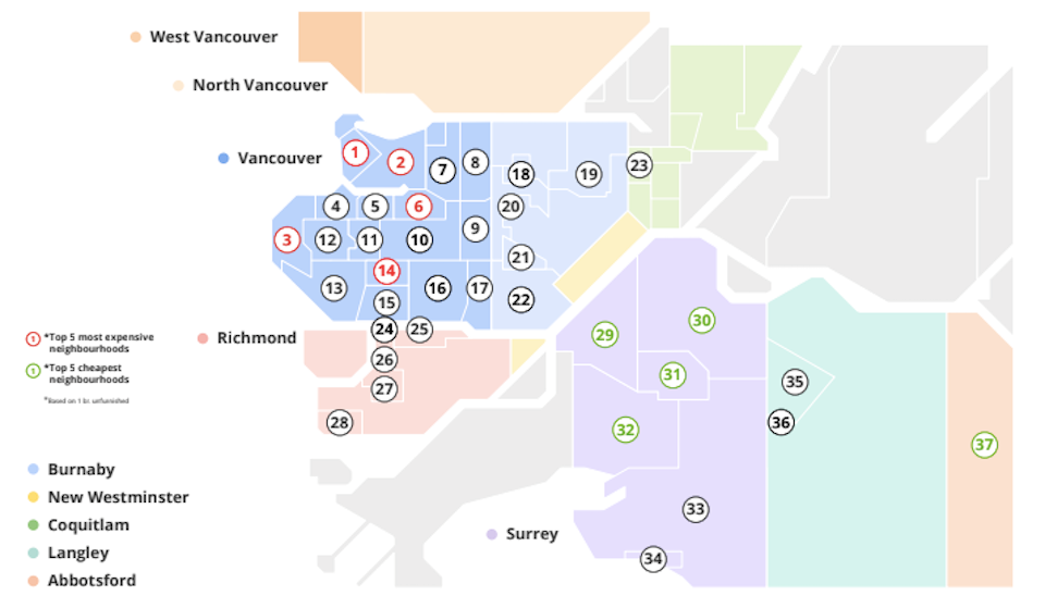 Liv.rent's map shows the cheapest apartments for newly-listed rentals in the Lower Mainland, including in Abbotsford, Surrey, Richmond, Burnaby, and Vancouver in April 2025.