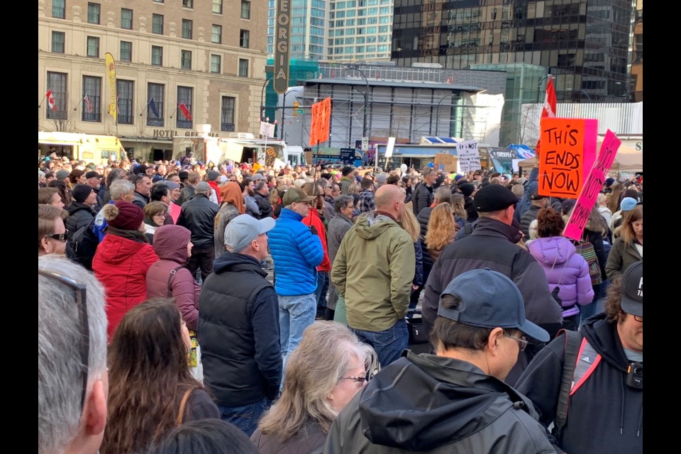 Hundreds of maskless protestors have gathered in downtown Vancouver as part of a World Wide Freedom Rally focused on protesting coronavirus mandates.