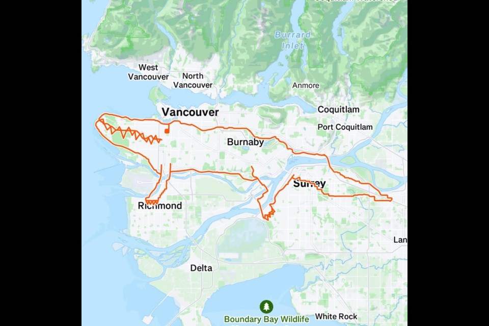 Janine Strong created a crocodile bike route across Mero Vancouver using the Strava app. 