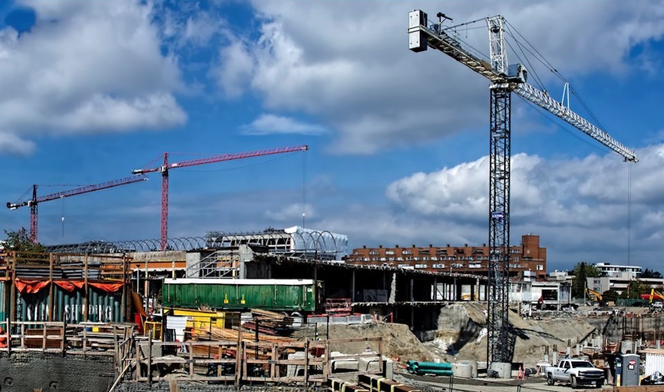 Oakridge Centre construction as seen in August 2021. Officials confirm one worker was killed when a load fell from a crane at the site on Wednesday, Feb. 21, 2024.