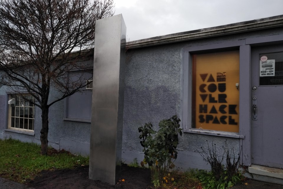 A 10-foot-tall metal monolith appeared in front of the Vancouver Hack Space the morning of Wednesday, Dec. 9. Photo courtesy of Vancouver Hack Space.