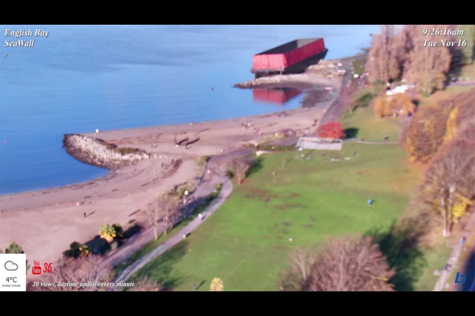 Bluemist Design's webcam captures the barge wedged at Sunset Beach in Vancouver