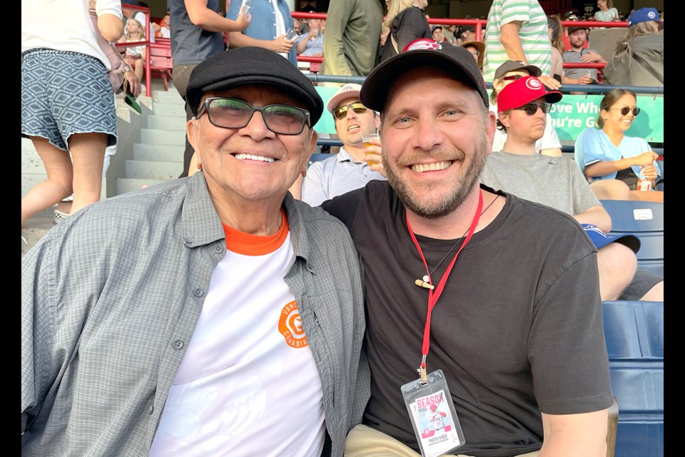 Reconciliation Canada's Chief Robert Joseph and V.I.A.'s founder Bob Kronbauer at the Vancouver Canadians' first annual Indigenous Peoples Night at Nat Bailey Stadium in 2022