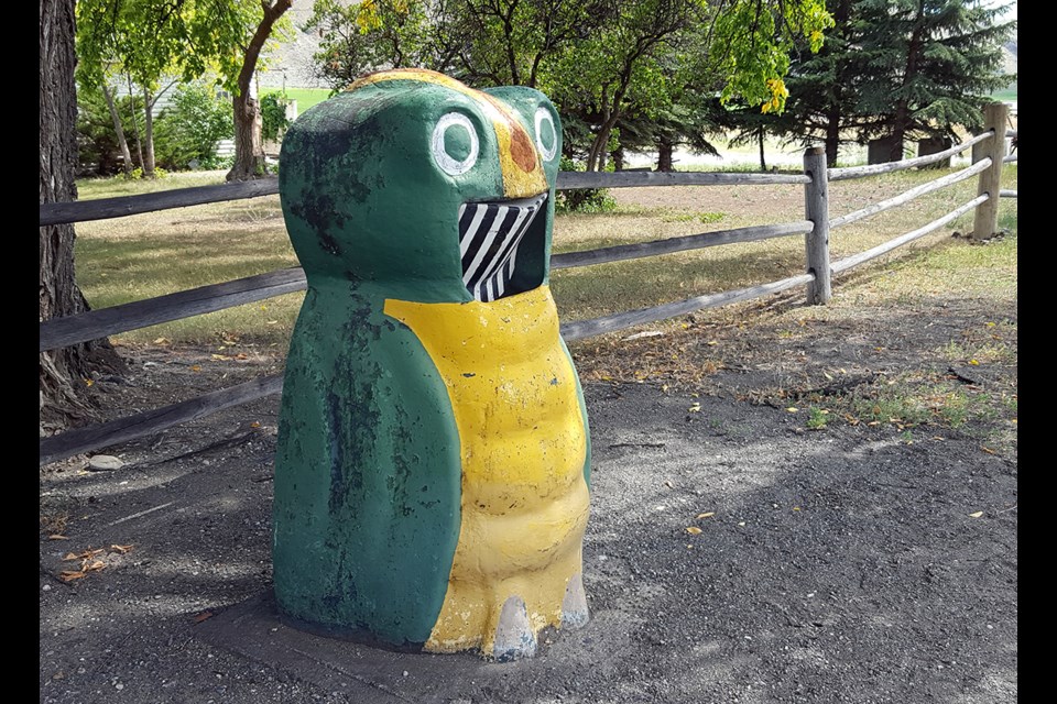 A classic Garbage Gobbler sits next to the highway outside Ashcroft Manor in B.C.