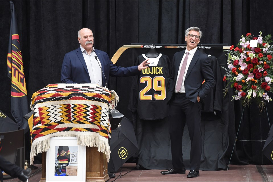 Former teammates Dave Babych and Geoff Courtnall recall happy times spent with Gino Odjick, at his memorial
