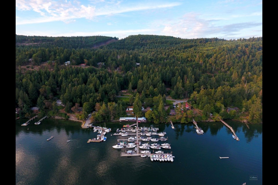 An overview of the Montague Harbour Marina on Galiano Island